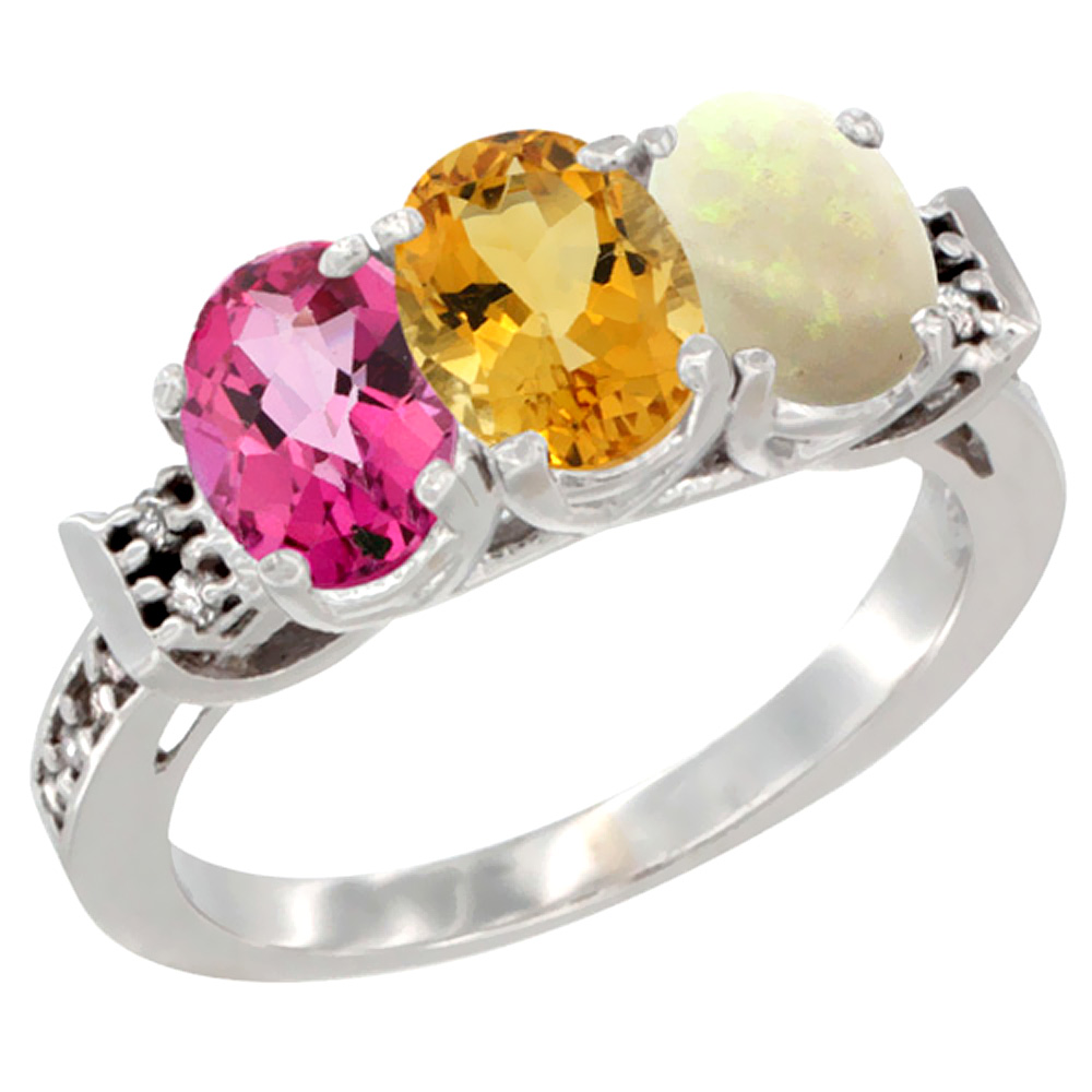 14K White Gold Natural Pink Topaz, Citrine &amp; Opal Ring 3-Stone 7x5 mm Oval Diamond Accent, sizes 5 - 10