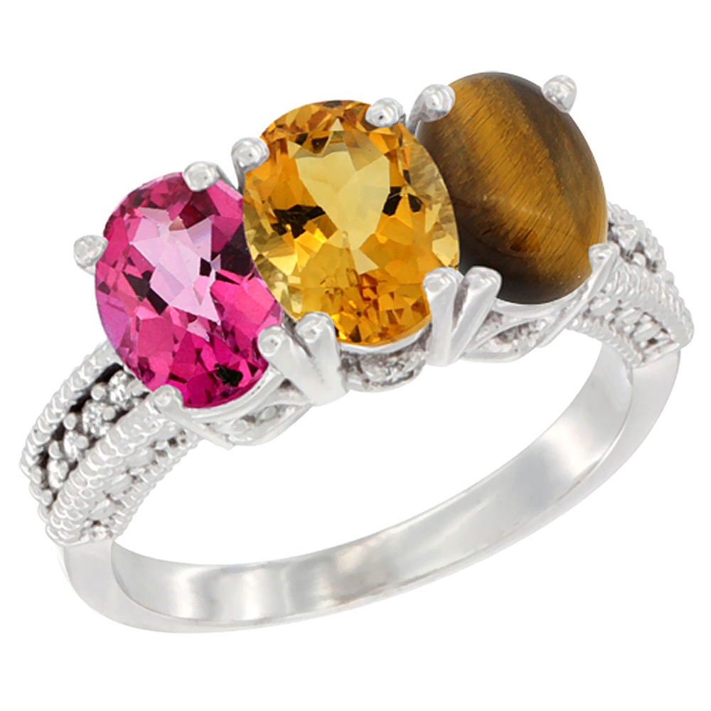 10K White Gold Natural Pink Topaz, Citrine &amp; Tiger Eye Ring 3-Stone Oval 7x5 mm Diamond Accent, sizes 5 - 10