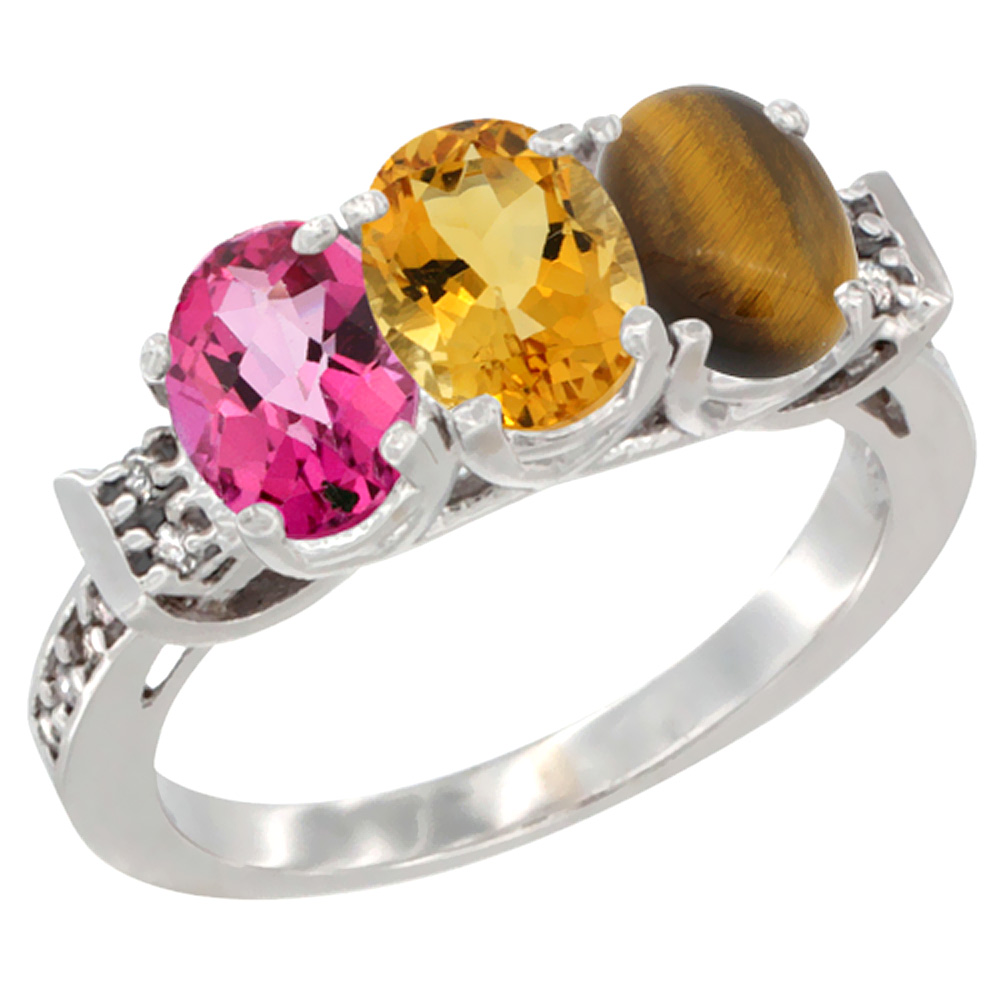 10K White Gold Natural Pink Topaz, Citrine & Tiger Eye Ring 3-Stone Oval 7x5 mm Diamond Accent, sizes 5 - 10