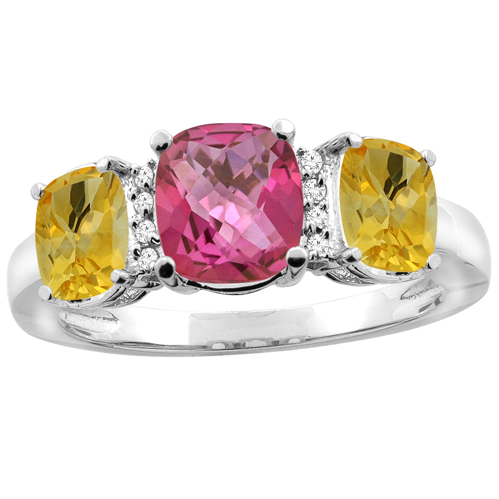 10K Yellow Gold Natural Pink Topaz &amp; Citrine 3-stone Ring Cushion 8x6mm Diamond Accent, sizes 5 - 10