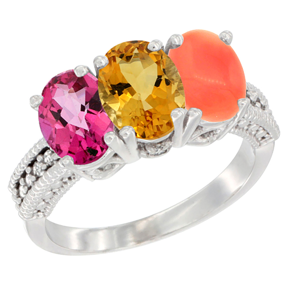 10K White Gold Natural Pink Topaz, Citrine &amp; Coral Ring 3-Stone Oval 7x5 mm Diamond Accent, sizes 5 - 10