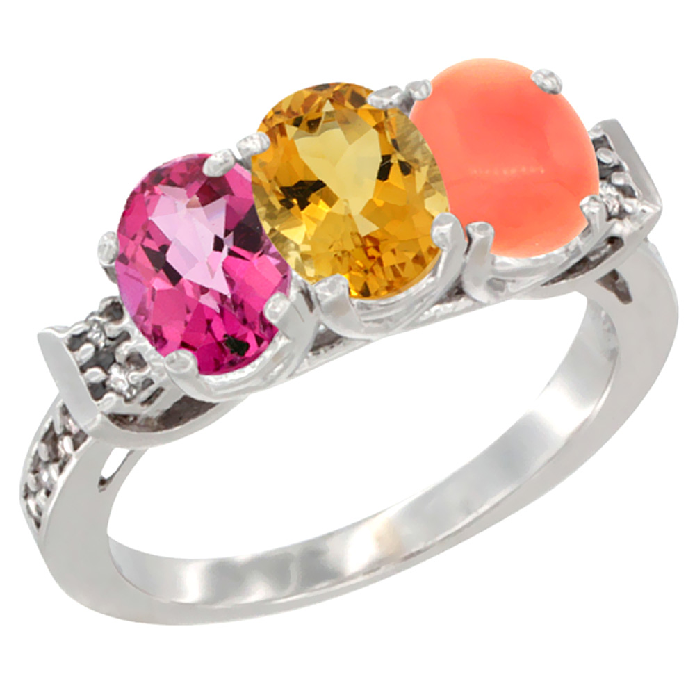14K White Gold Natural Pink Topaz, Citrine & Coral Ring 3-Stone 7x5 mm Oval Diamond Accent, sizes 5 - 10