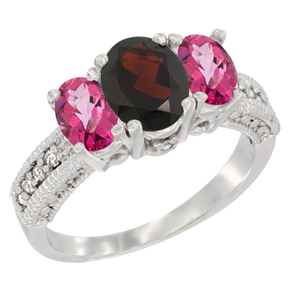 14K White Gold Diamond Natural Garnet Ring Oval 3-stone with Pink Topaz, sizes 5 - 10