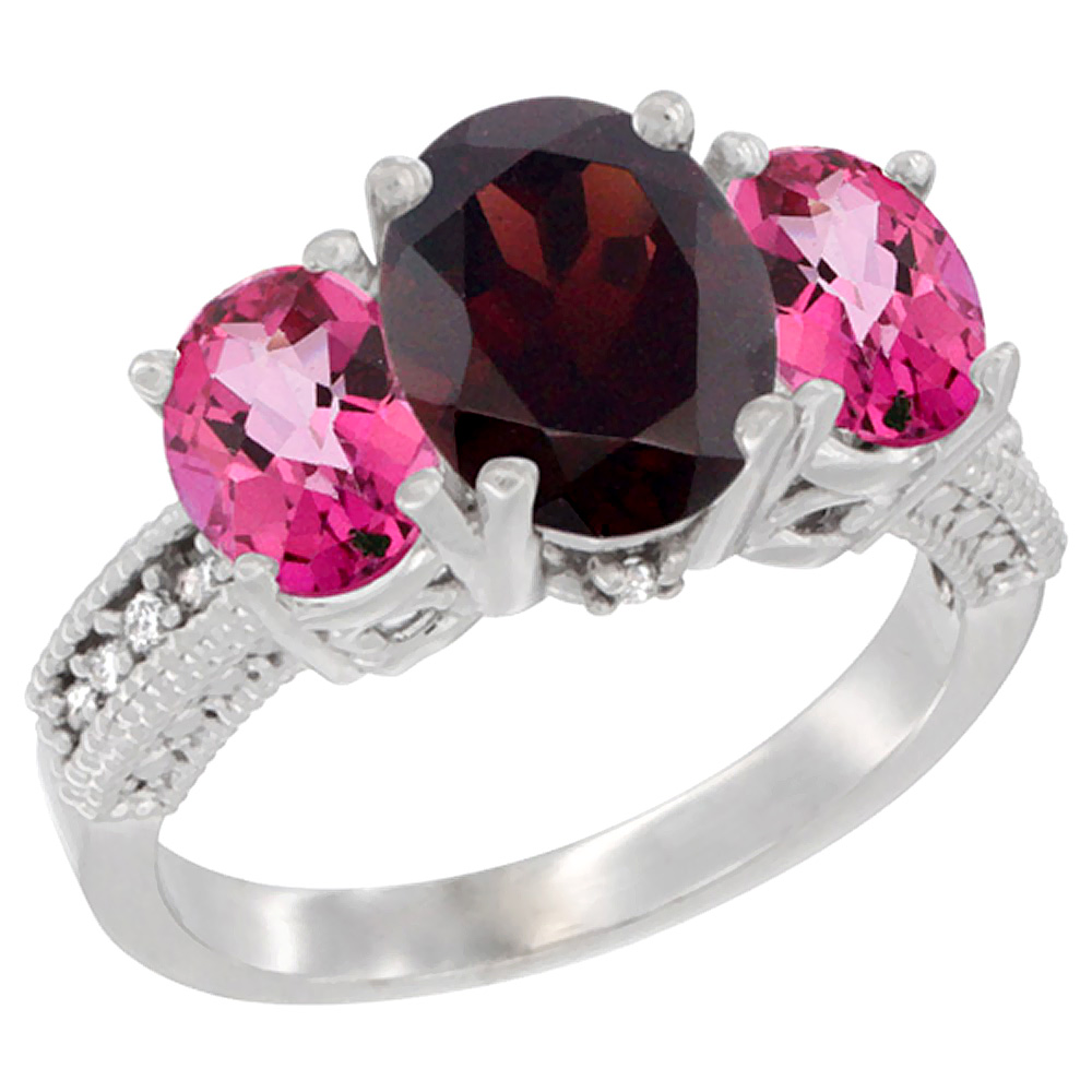 14K White Gold Diamond Natural Garnet Ring 3-Stone Oval 8x6mm with Pink Topaz, sizes5-10