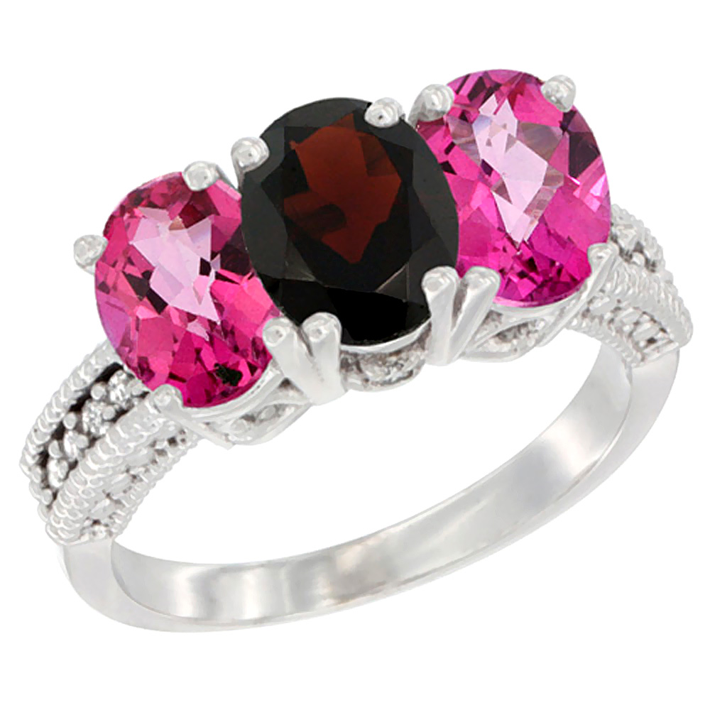 10K White Gold Natural Garnet &amp; Pink Topaz Sides Ring 3-Stone Oval 7x5 mm Diamond Accent, sizes 5 - 10