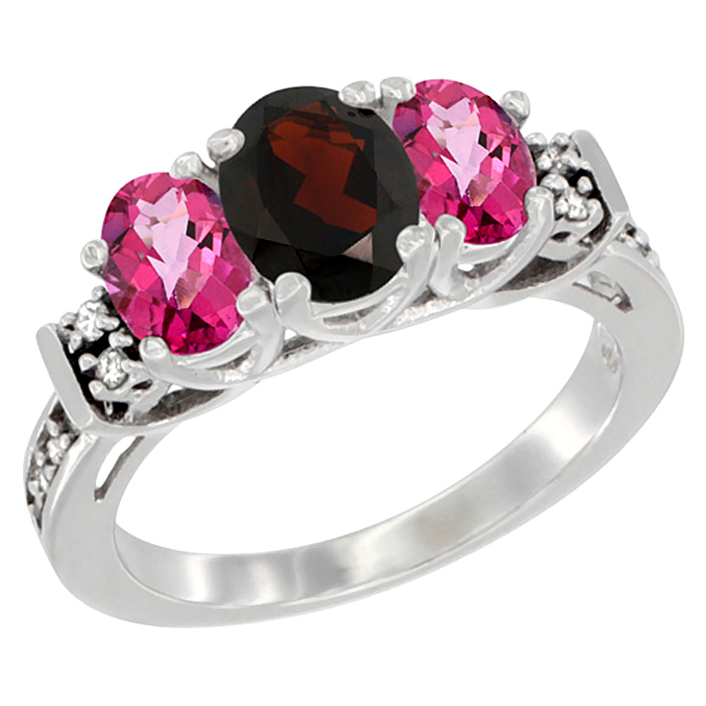 14K White Gold Natural Garnet &amp; Pink Topaz Ring 3-Stone Oval Diamond Accent, sizes 5-10