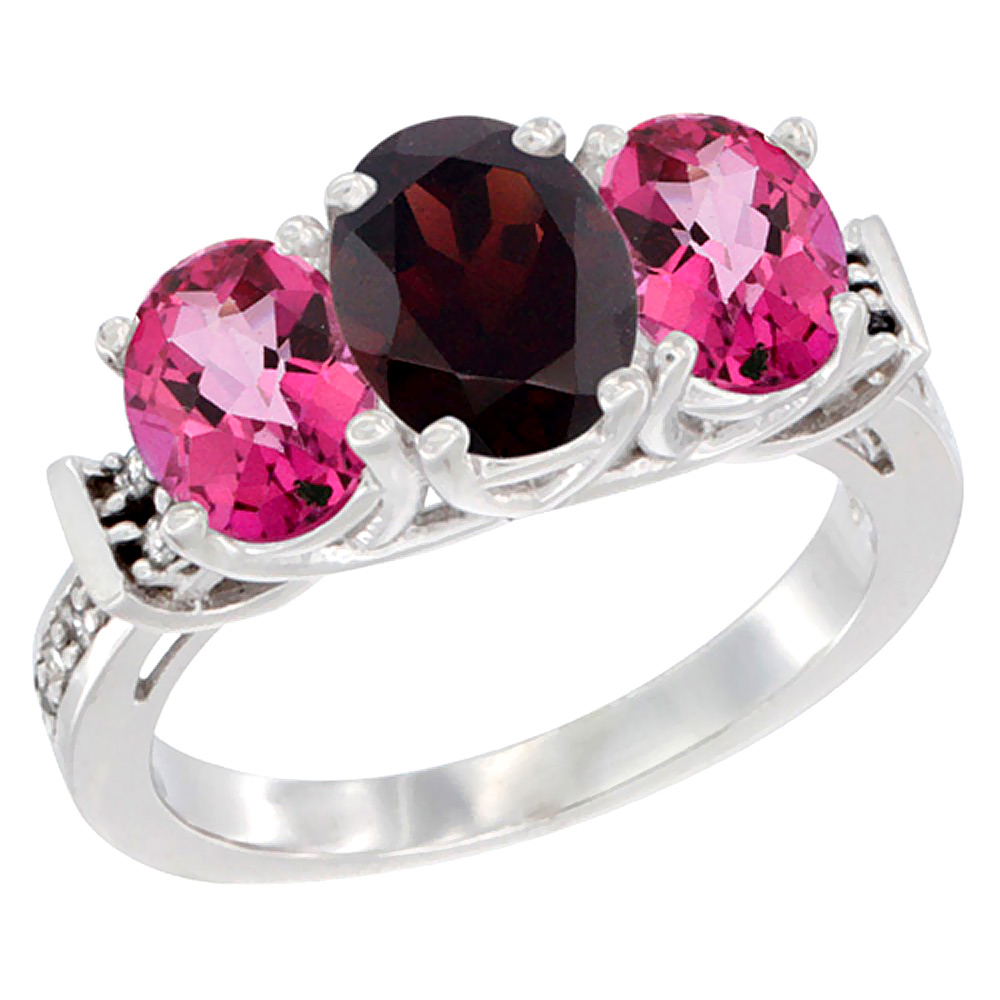 14K White Gold Natural Garnet &amp; Pink Topaz Sides Ring 3-Stone Oval Diamond Accent, sizes 5 - 10