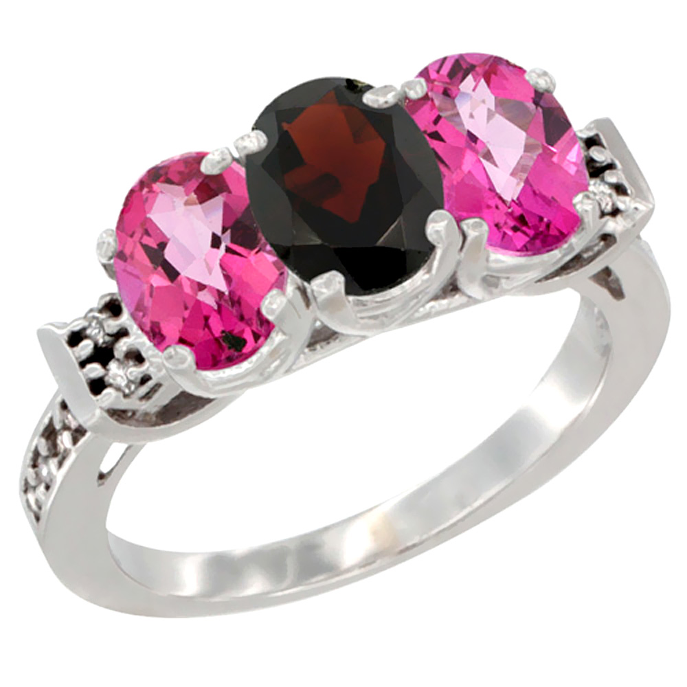 14K White Gold Natural Garnet &amp; Pink Topaz Sides Ring 3-Stone 7x5 mm Oval Diamond Accent, sizes 5 - 10
