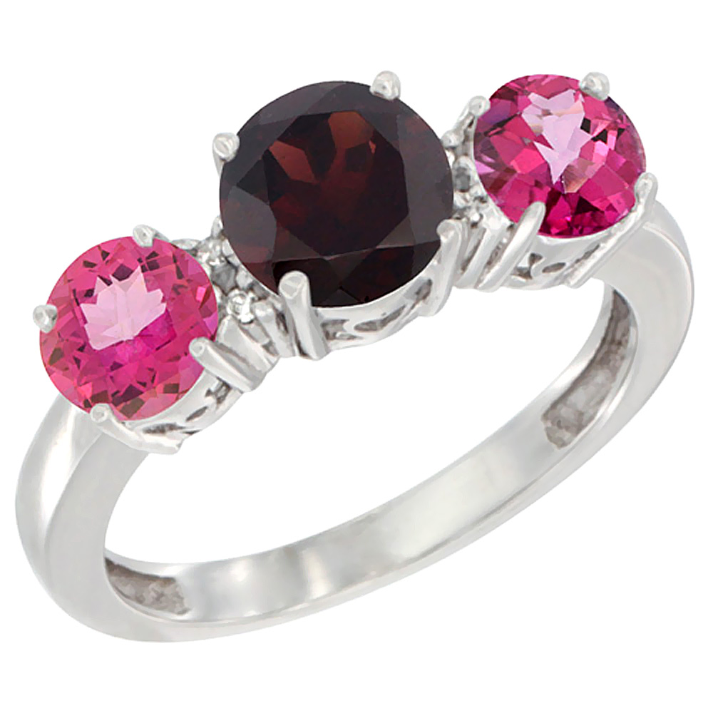 14K White Gold Round 3-Stone Natural Garnet Ring &amp; Pink Topaz Sides Diamond Accent, sizes 5 - 10