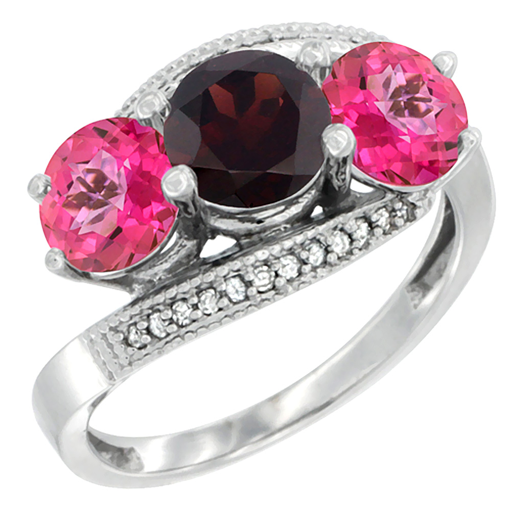 14K White Gold Natural Garnet &amp; Pink Topaz Sides 3 stone Ring Round 6mm Diamond Accent, sizes 5 - 10