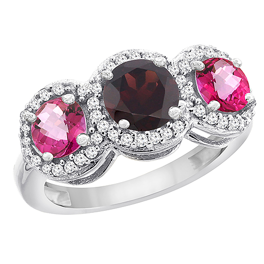 14K White Gold Natural Garnet &amp; Pink Topaz Sides Round 3-stone Ring Diamond Accents, sizes 5 - 10