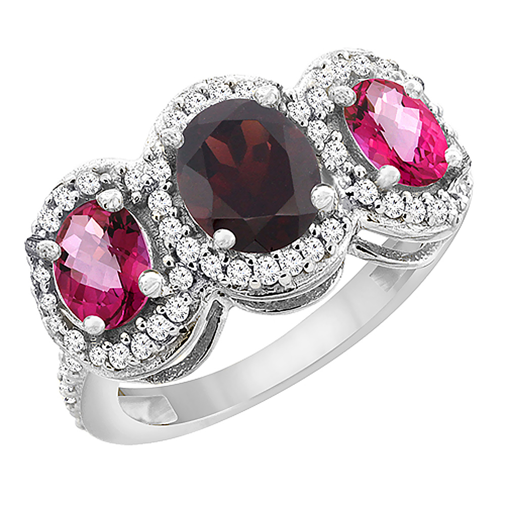 14K White Gold Natural Garnet &amp; Pink Topaz 3-Stone Ring Oval Diamond Accent, sizes 5 - 10