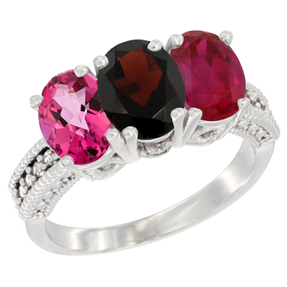 14K White Gold Natural Pink Topaz, Garnet &amp; Enhanced Ruby Ring 3-Stone 7x5 mm Oval Diamond Accent, sizes 5 - 10