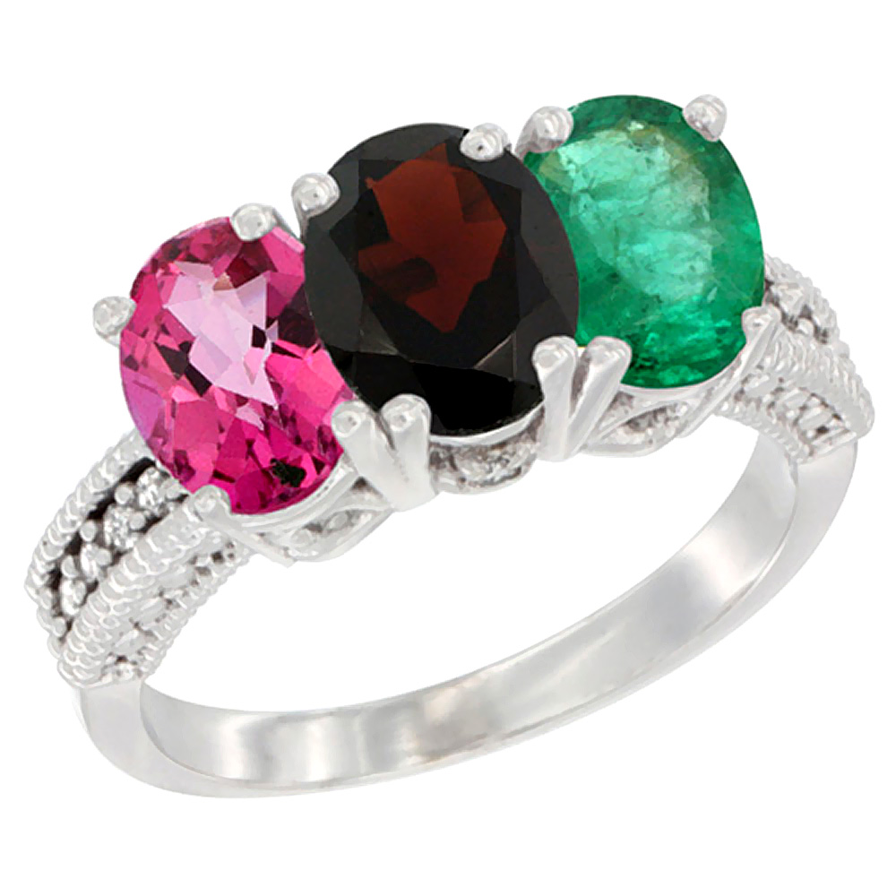 14K White Gold Natural Pink Topaz, Garnet &amp; Emerald Ring 3-Stone 7x5 mm Oval Diamond Accent, sizes 5 - 10