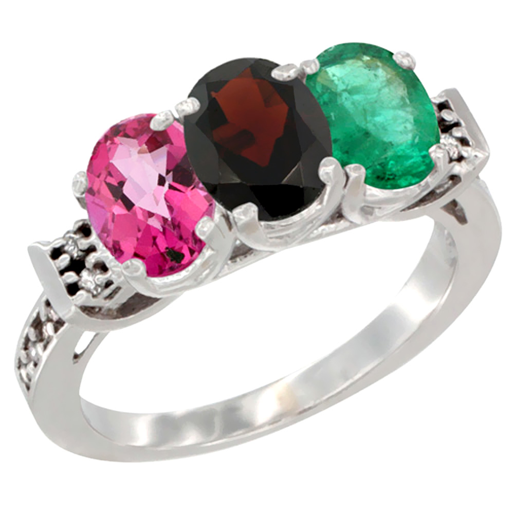 14K White Gold Natural Pink Topaz, Garnet &amp; Emerald Ring 3-Stone 7x5 mm Oval Diamond Accent, sizes 5 - 10