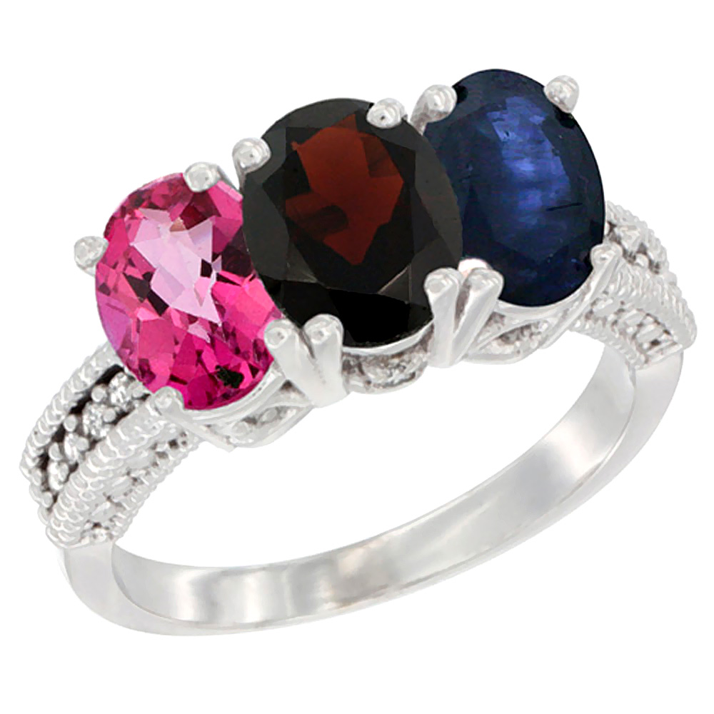 14K White Gold Natural Pink Topaz, Garnet &amp; Blue Sapphire Ring 3-Stone 7x5 mm Oval Diamond Accent, sizes 5 - 10
