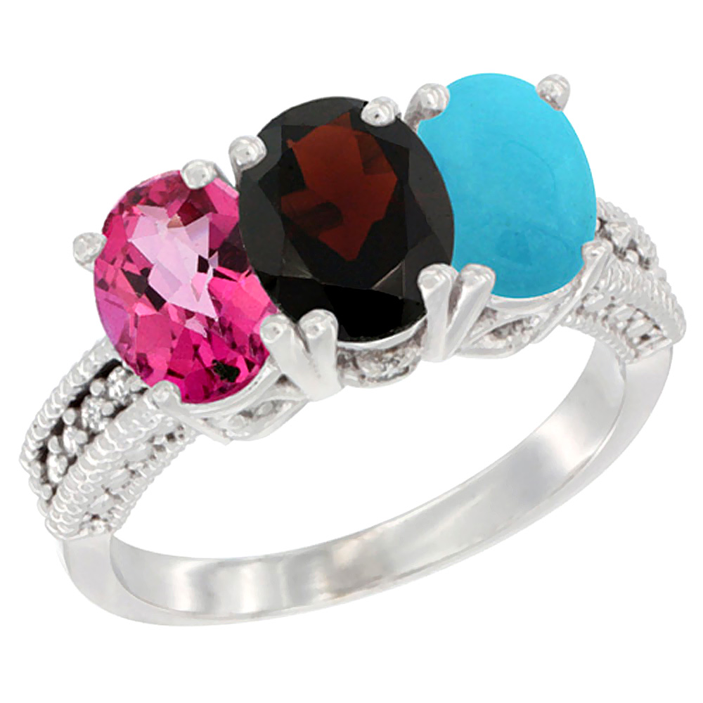 14K White Gold Natural Pink Topaz, Garnet &amp; Turquoise Ring 3-Stone 7x5 mm Oval Diamond Accent, sizes 5 - 10