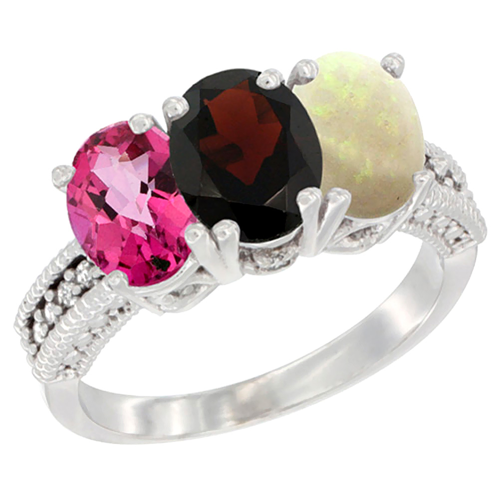 14K White Gold Natural Pink Topaz, Garnet &amp; Opal Ring 3-Stone 7x5 mm Oval Diamond Accent, sizes 5 - 10