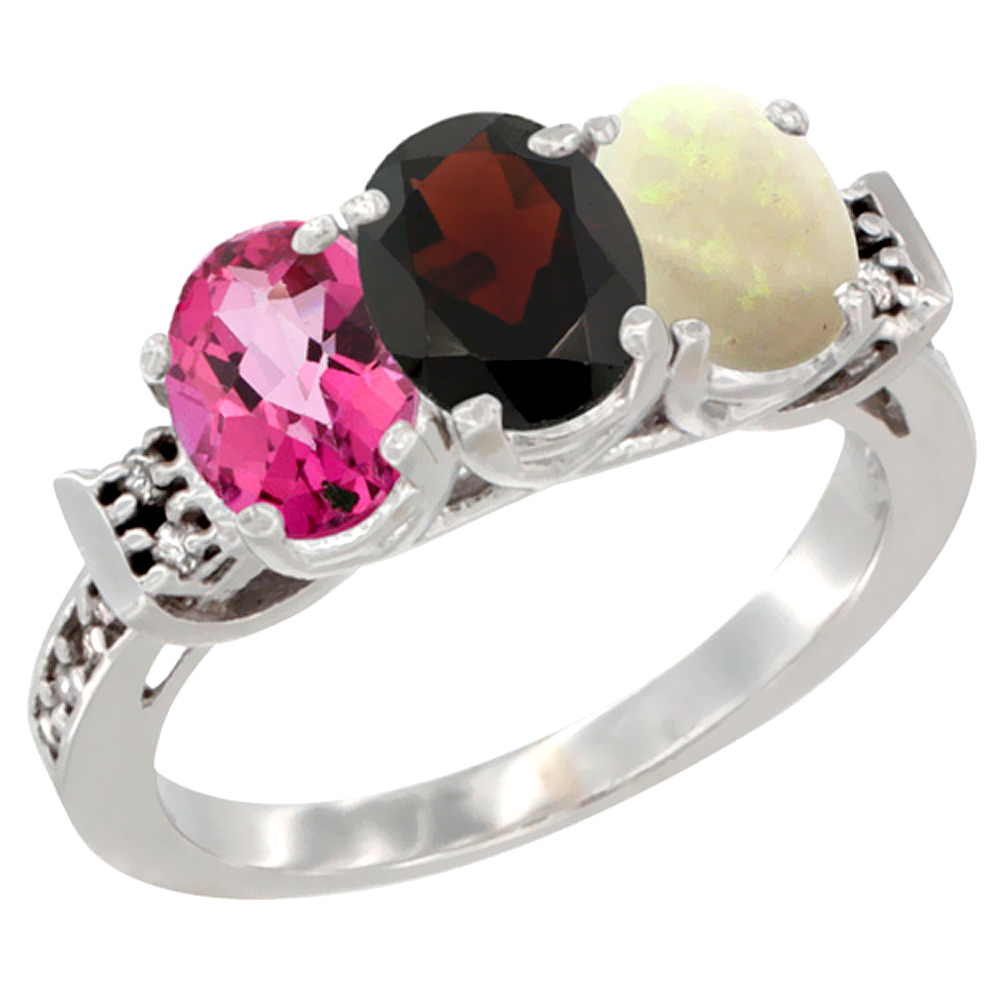 10K White Gold Natural Pink Topaz, Garnet & Opal Ring 3-Stone Oval 7x5 mm Diamond Accent, sizes 5 - 10