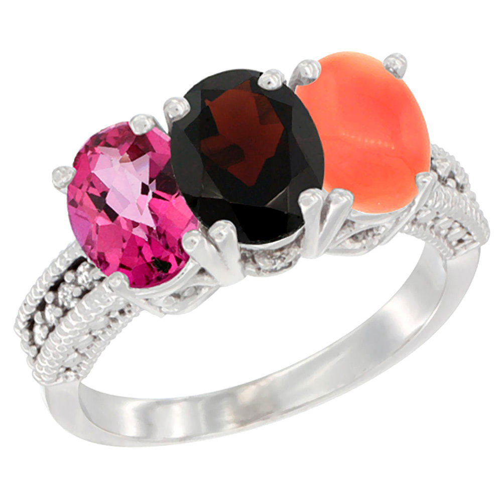 14K White Gold Natural Pink Topaz, Garnet & Coral Ring 3-Stone 7x5 mm Oval Diamond Accent, sizes 5 - 10