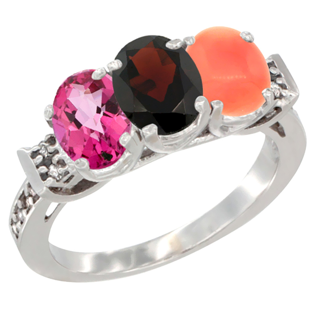 10K White Gold Natural Pink Topaz, Garnet &amp; Coral Ring 3-Stone Oval 7x5 mm Diamond Accent, sizes 5 - 10