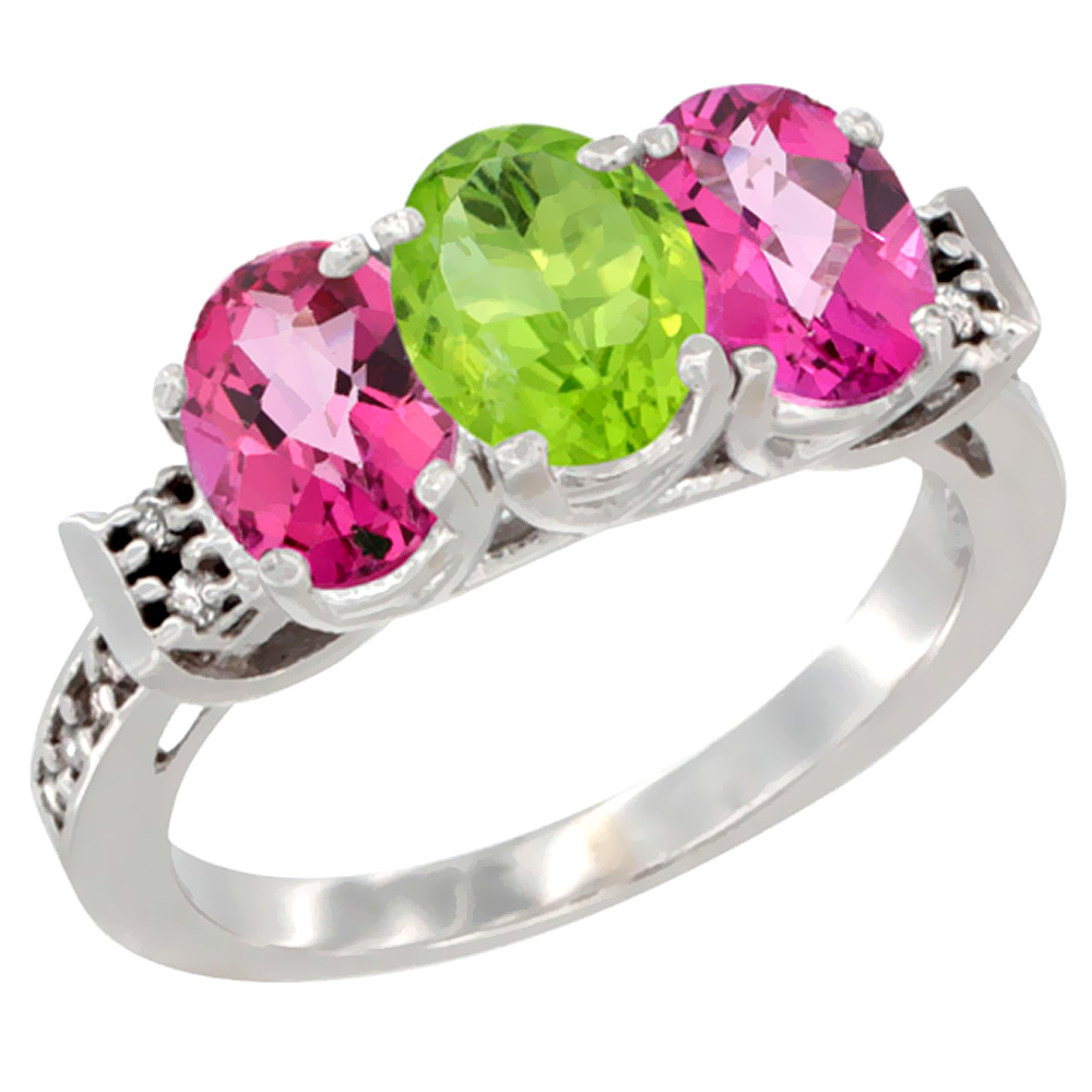 10K White Gold Natural Peridot &amp; Pink Topaz Sides Ring 3-Stone Oval 7x5 mm Diamond Accent, sizes 5 - 10