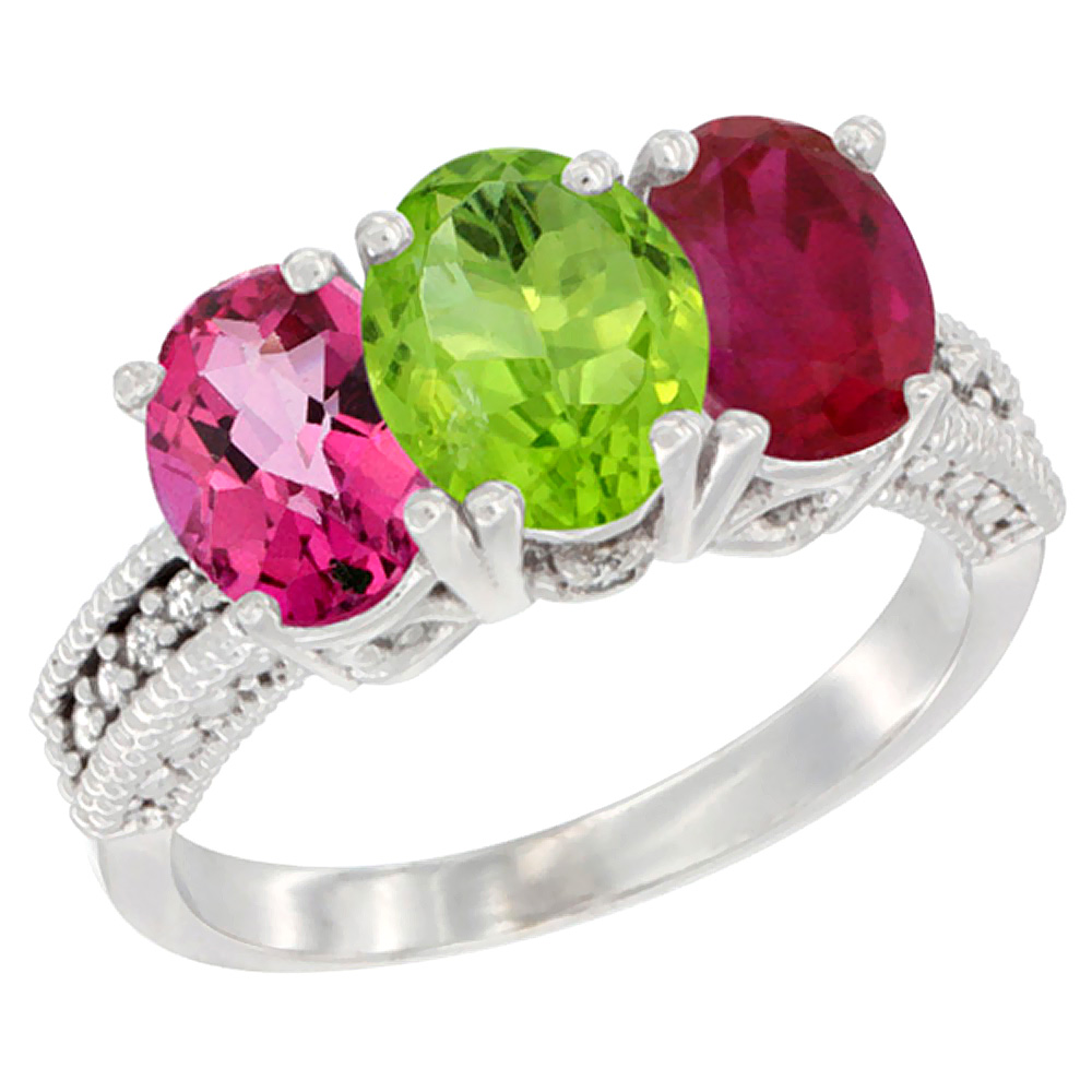 10K White Gold Natural Pink Topaz, Peridot &amp; Ruby Ring 3-Stone Oval 7x5 mm Diamond Accent, sizes 5 - 10