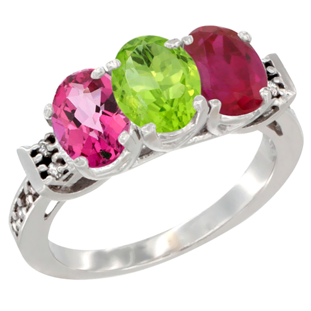 10K White Gold Natural Pink Topaz, Peridot & Enhanced Ruby Ring 3-Stone Oval 7x5 mm Diamond Accent, sizes 5 - 10