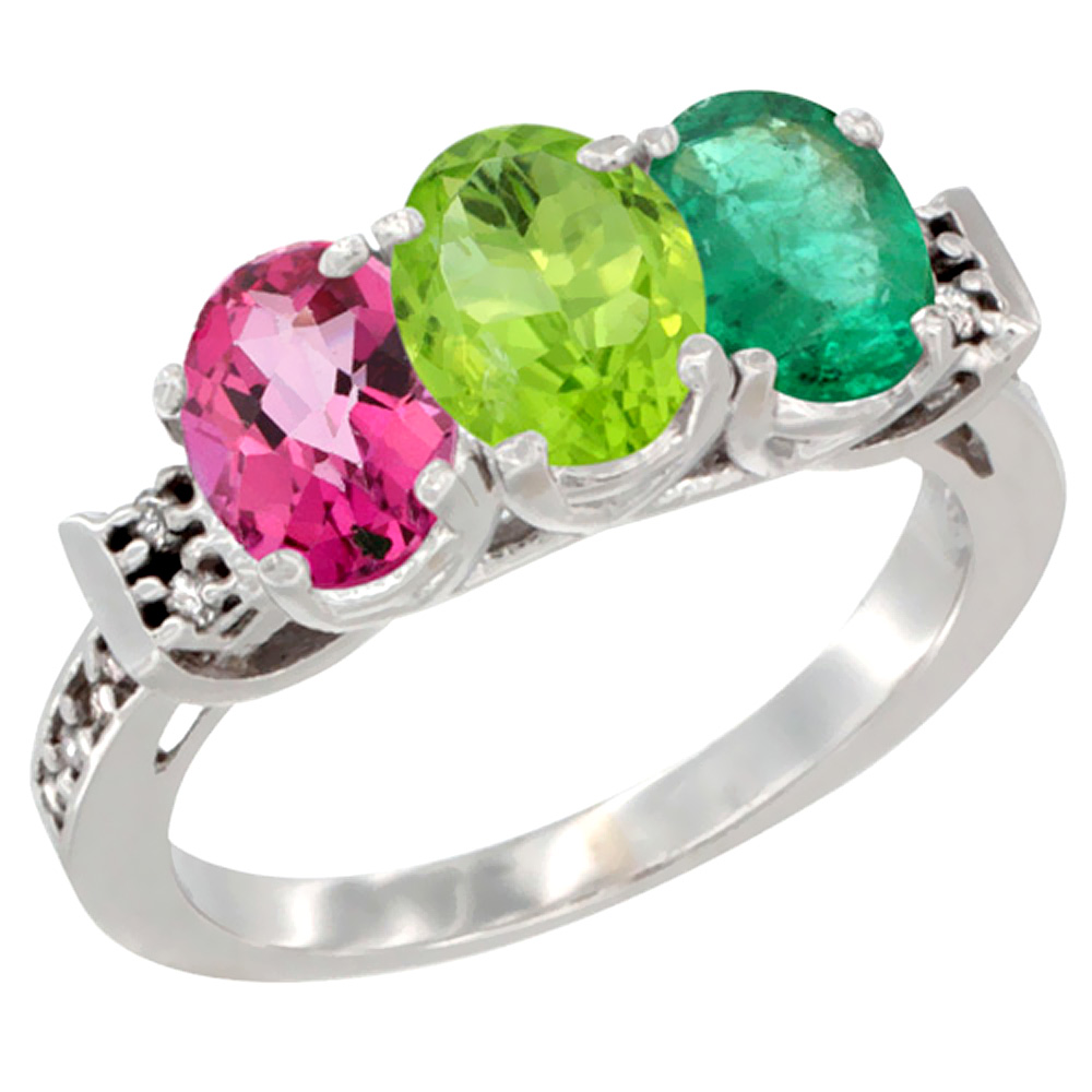 14K White Gold Natural Pink Topaz, Peridot & Emerald Ring 3-Stone 7x5 mm Oval Diamond Accent, sizes 5 - 10