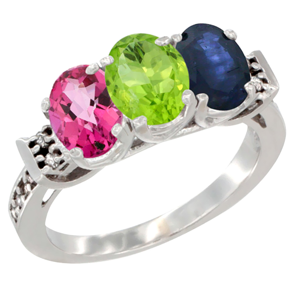 14K White Gold Natural Pink Topaz, Peridot &amp; Blue Sapphire Ring 3-Stone 7x5 mm Oval Diamond Accent, sizes 5 - 10