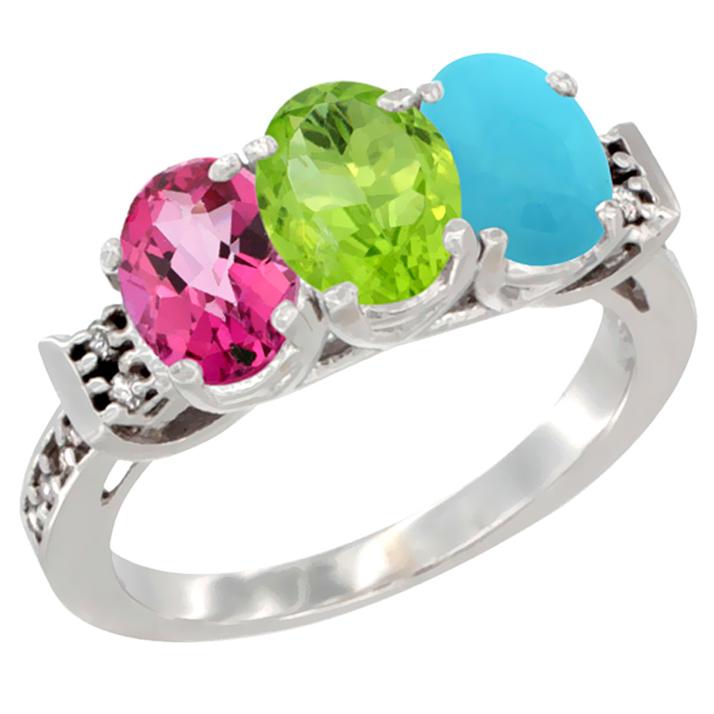 10K White Gold Natural Pink Topaz, Peridot &amp; Turquoise Ring 3-Stone Oval 7x5 mm Diamond Accent, sizes 5 - 10