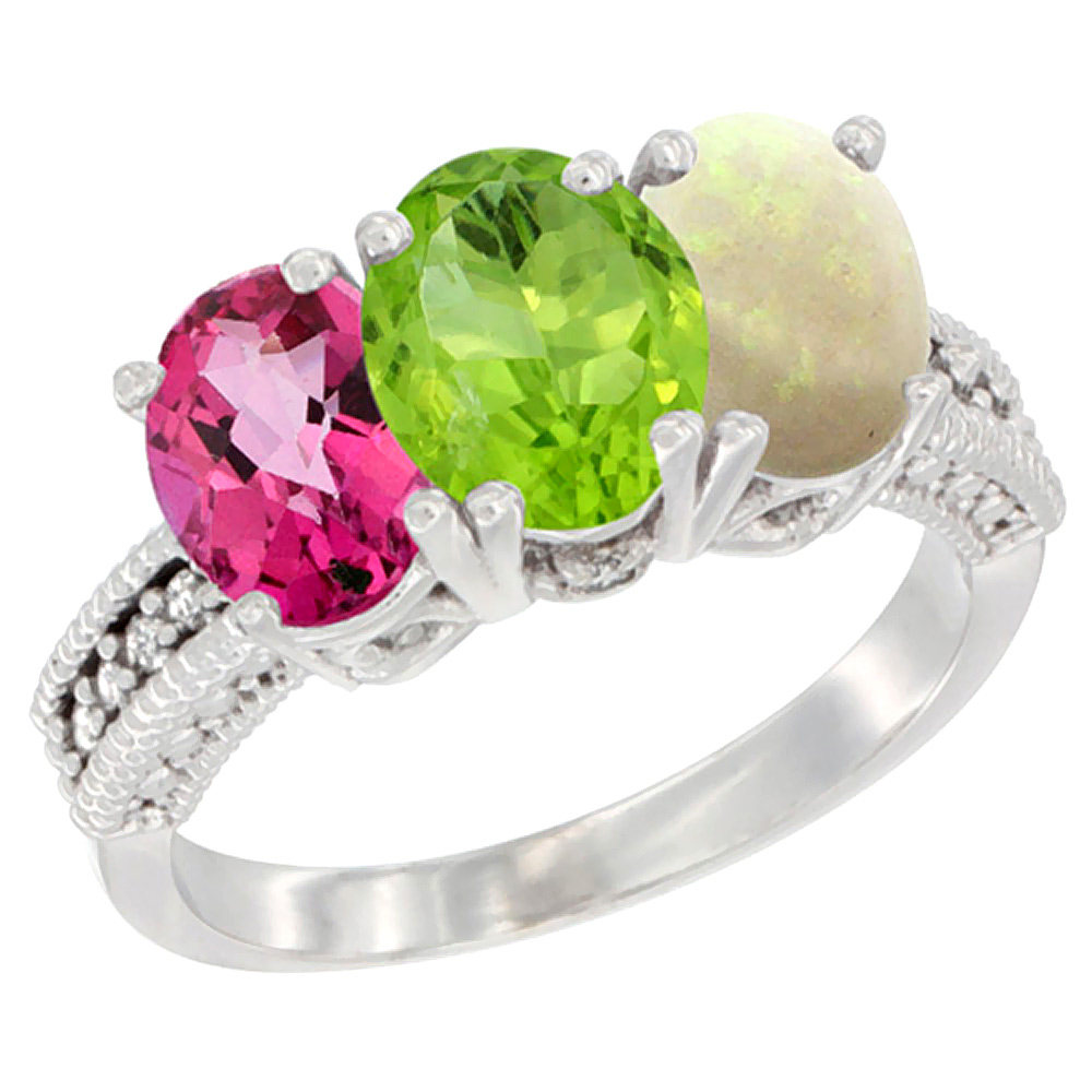 14K White Gold Natural Pink Topaz, Peridot &amp; Opal Ring 3-Stone 7x5 mm Oval Diamond Accent, sizes 5 - 10