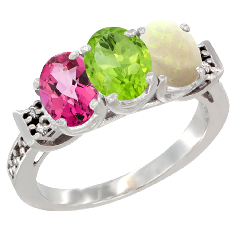 10K White Gold Natural Pink Topaz, Peridot &amp; Opal Ring 3-Stone Oval 7x5 mm Diamond Accent, sizes 5 - 10