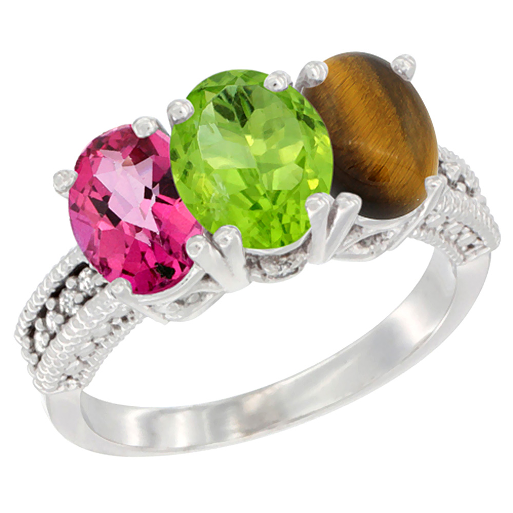 10K White Gold Natural Pink Topaz, Peridot &amp; Tiger Eye Ring 3-Stone Oval 7x5 mm Diamond Accent, sizes 5 - 10