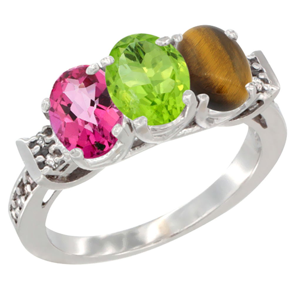 10K White Gold Natural Pink Topaz, Peridot &amp; Tiger Eye Ring 3-Stone Oval 7x5 mm Diamond Accent, sizes 5 - 10