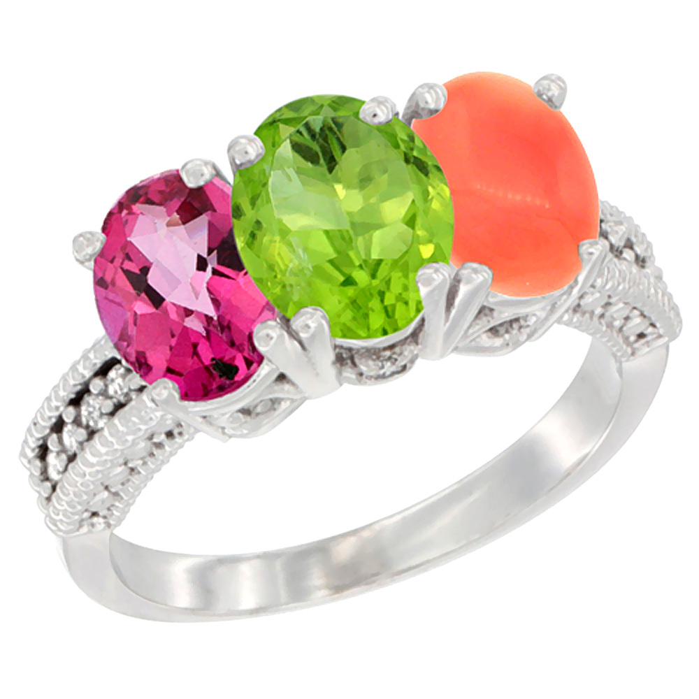10K White Gold Natural Pink Topaz, Peridot &amp; Coral Ring 3-Stone Oval 7x5 mm Diamond Accent, sizes 5 - 10