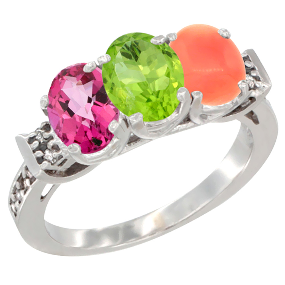 10K White Gold Natural Pink Topaz, Peridot &amp; Coral Ring 3-Stone Oval 7x5 mm Diamond Accent, sizes 5 - 10