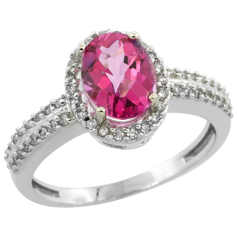 10k White Gold Natural Pink Sapphire Ring Oval 8x6mm Diamond Halo, sizes 5-10