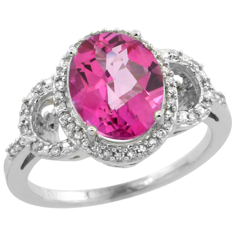 10K White Gold Diamond Natural Pink Topaz Engagement Ring Oval 10x8mm, sizes 5-10