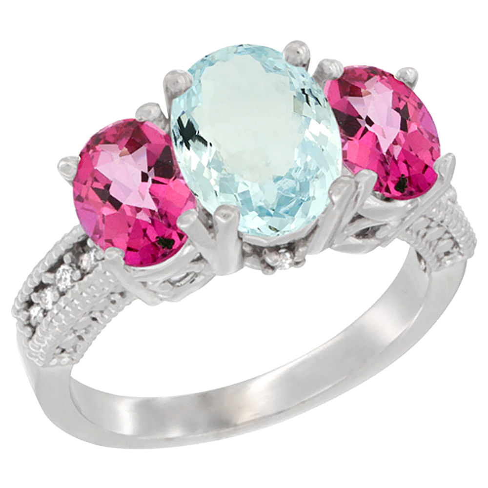 14K White Gold Diamond Natural Aquamarine Ring 3-Stone Oval 8x6mm with Pink Topaz, sizes5-10