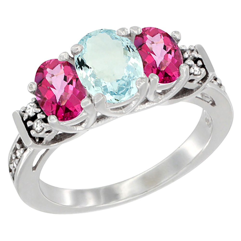 14K White Gold Natural Aquamarine & Pink Topaz Ring 3-Stone Oval Diamond Accent, sizes 5-10