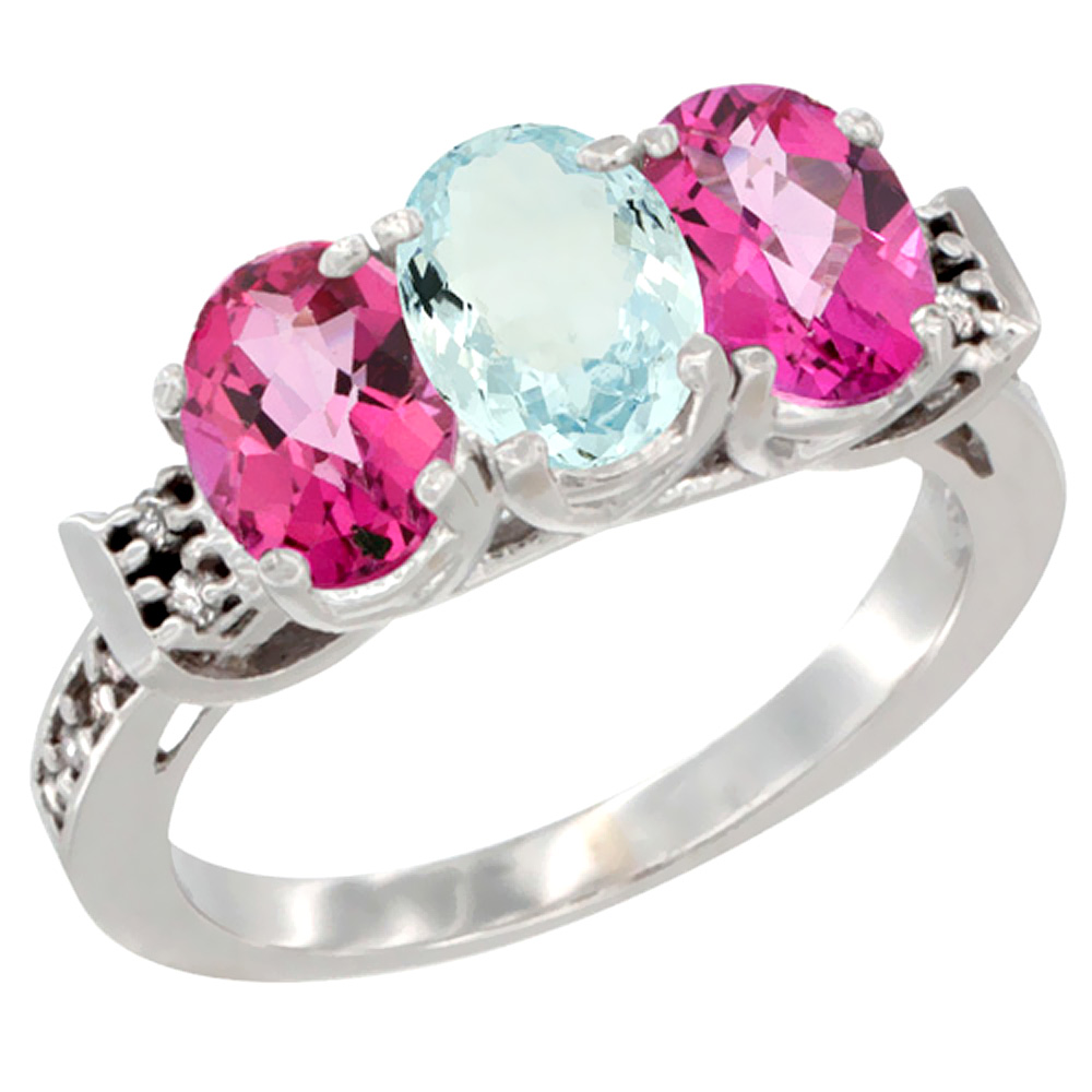 14K White Gold Natural Aquamarine & Pink Topaz Sides Ring 3-Stone 7x5 mm Oval Diamond Accent, sizes 5 - 10