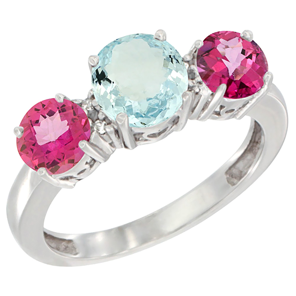10K White Gold Round 3-Stone Natural Aquamarine Ring & Pink Topaz Sides Diamond Accent, sizes 5 - 10