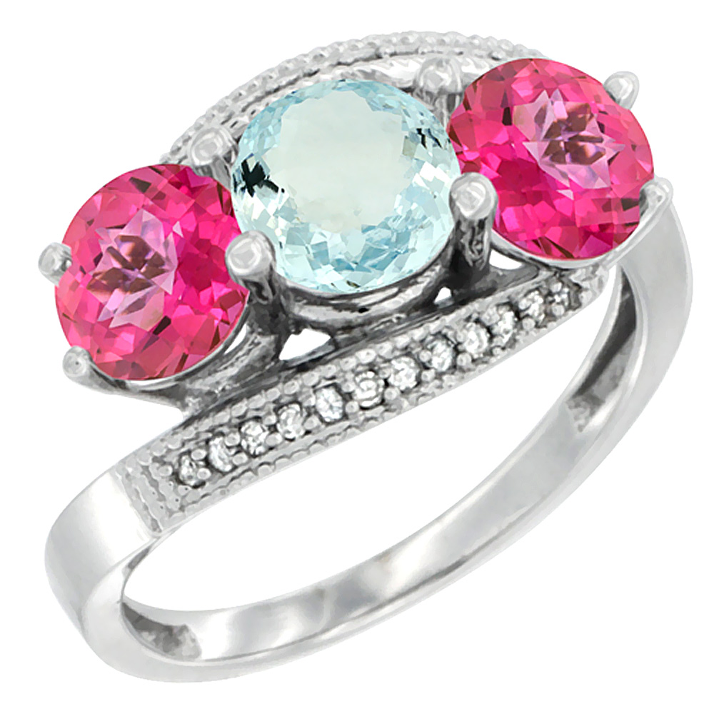 10K White Gold Natural Aquamarine &amp; Pink Topaz Sides 3 stone Ring Round 6mm Diamond Accent, sizes 5 - 10