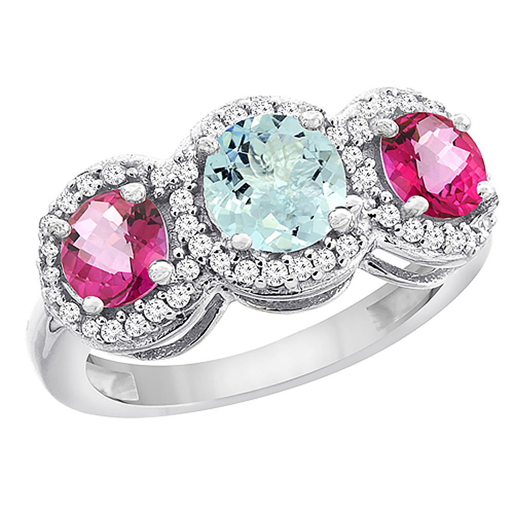 14K White Gold Natural Aquamarine &amp; Pink Topaz Sides Round 3-stone Ring Diamond Accents, sizes 5 - 10