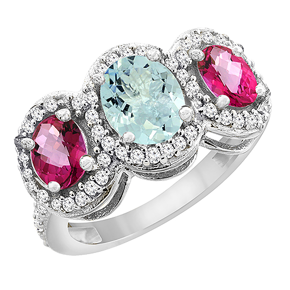 14K White Gold Natural Aquamarine &amp; Pink Topaz 3-Stone Ring Oval Diamond Accent, sizes 5 - 10