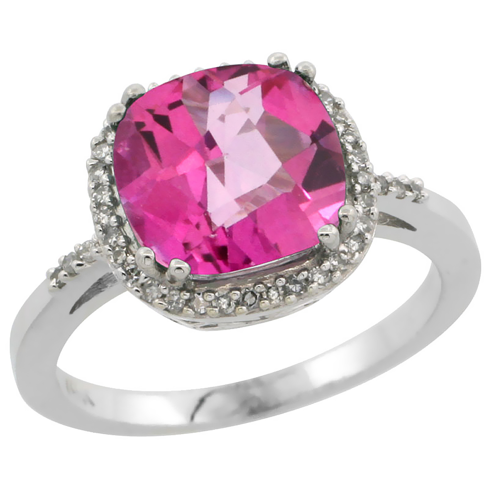 14K White Gold Diamond Natural Pink Topaz Ring Cushion-cut 9x9mm, sizes 5-10