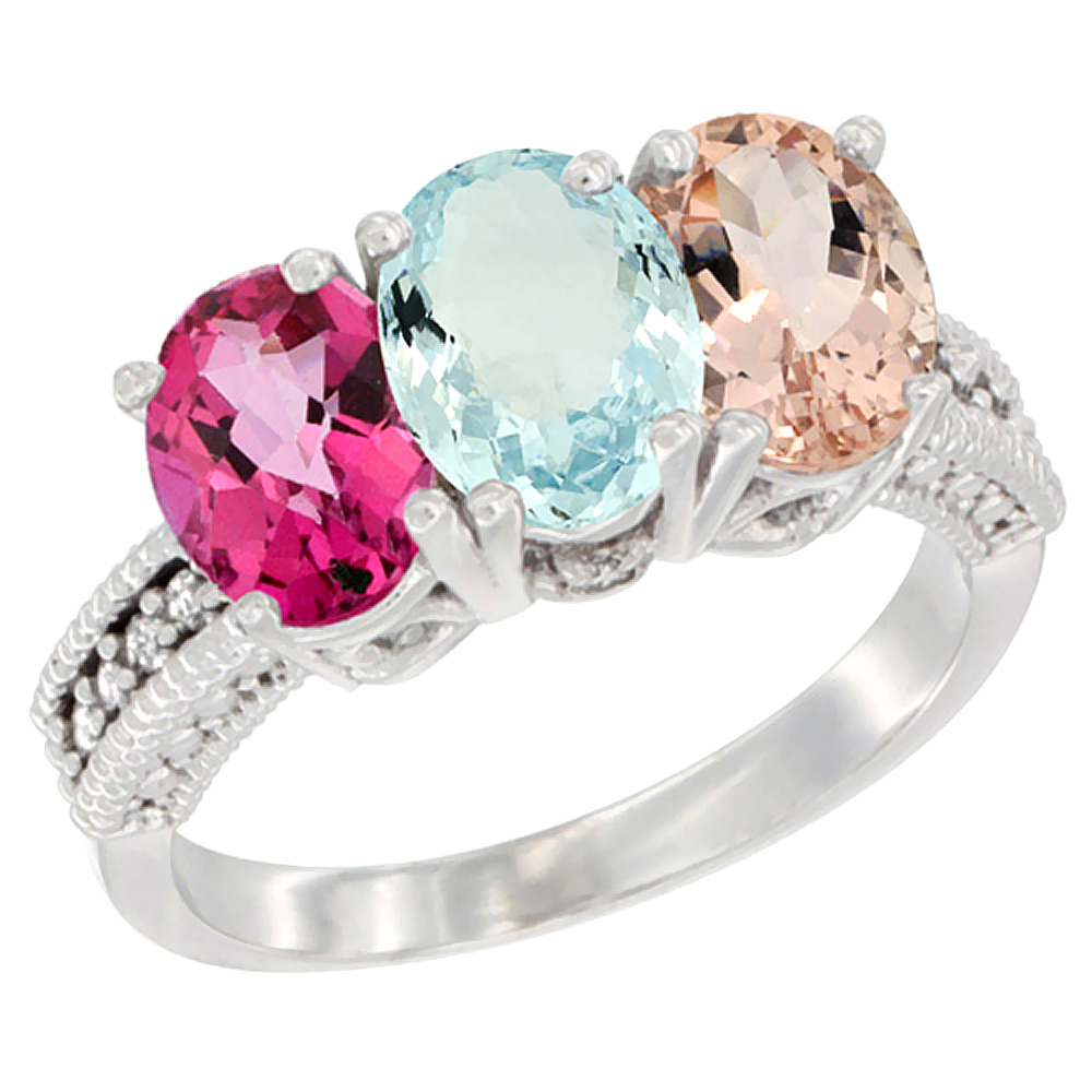 10K White Gold Natural Pink Topaz, Aquamarine &amp; Morganite Ring 3-Stone Oval 7x5 mm Diamond Accent, sizes 5 - 10