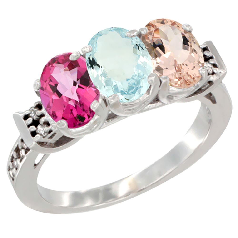 10K White Gold Natural Pink Topaz, Aquamarine & Morganite Ring 3-Stone Oval 7x5 mm Diamond Accent, sizes 5 - 10