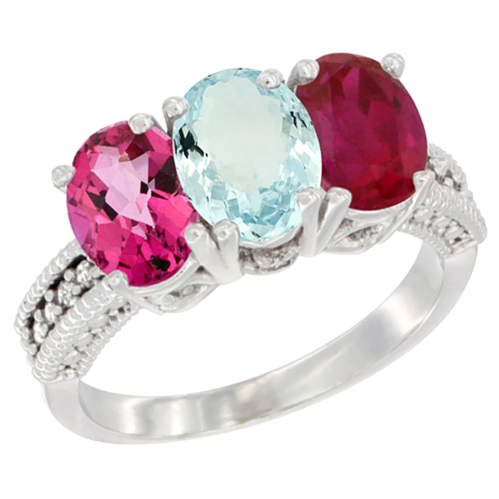 14K White Gold Natural Pink Topaz, Aquamarine & Enhanced Ruby Ring 3-Stone 7x5 mm Oval Diamond Accent, sizes 5 - 10